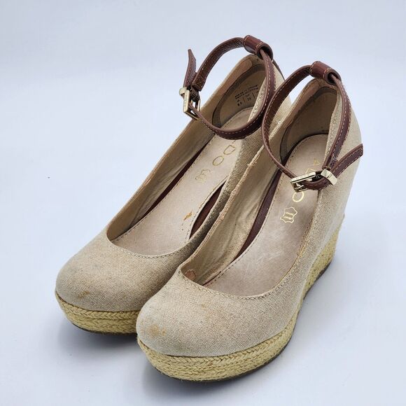 Aldo Natural Canvas Ankle Strap Wedge Heels Size 8.5 - Picture 3 of 10
